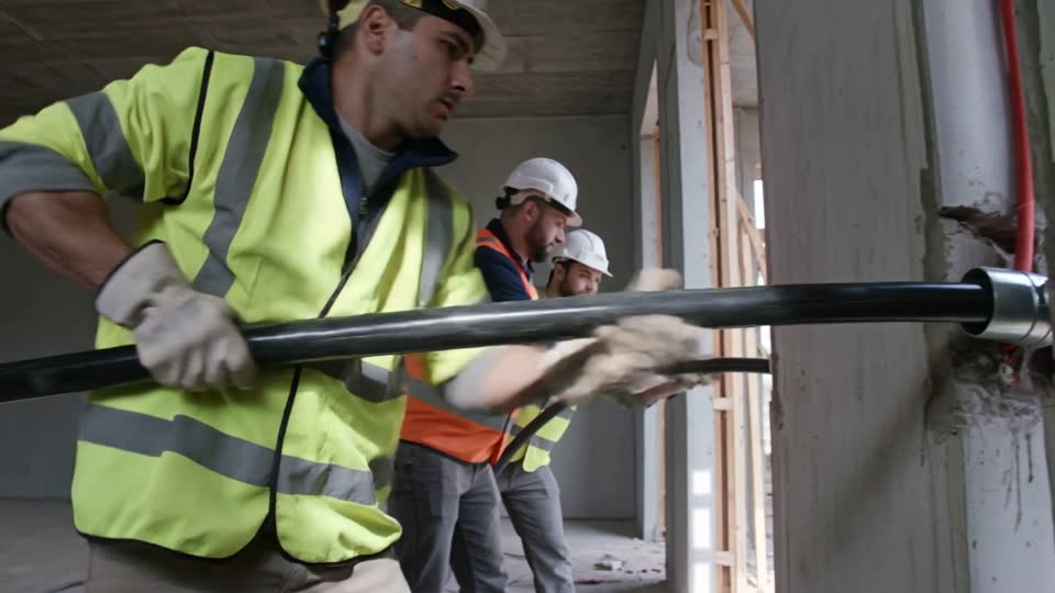 Electricians in hi-vis vests and hard hats pulling a heavy black power cable off a reel and into a conduit