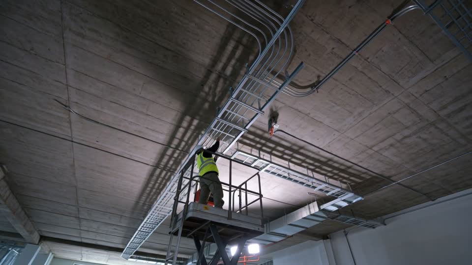 An electrician on a platform lift installing parallel steel conduit runs and cable tray under a concrete ceiling