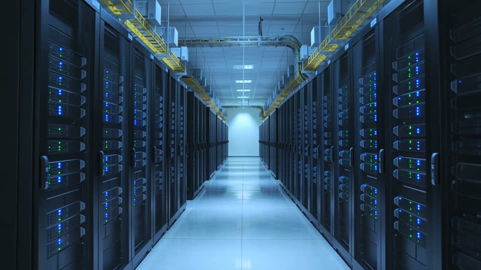 A long data centre aisle of server racks with overhead yellow power busway and blinking status lights
