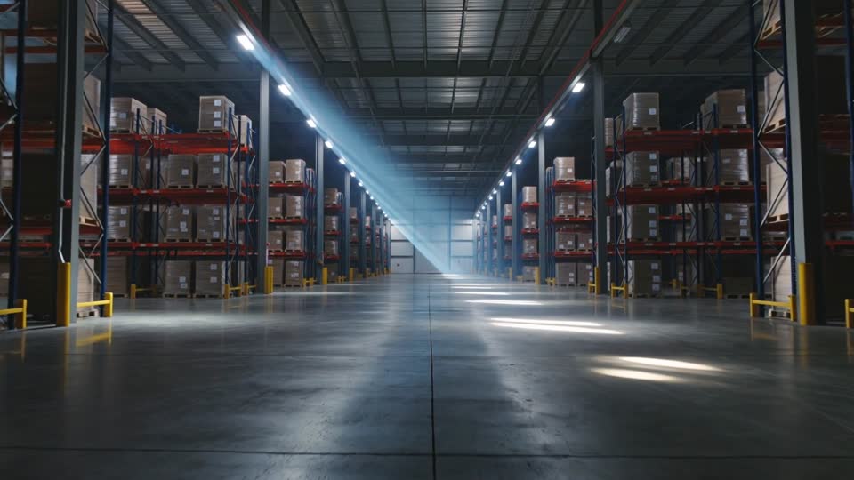 Rows of LED high-bay lights switching on down the centre aisle of a large warehouse with tall pallet racking