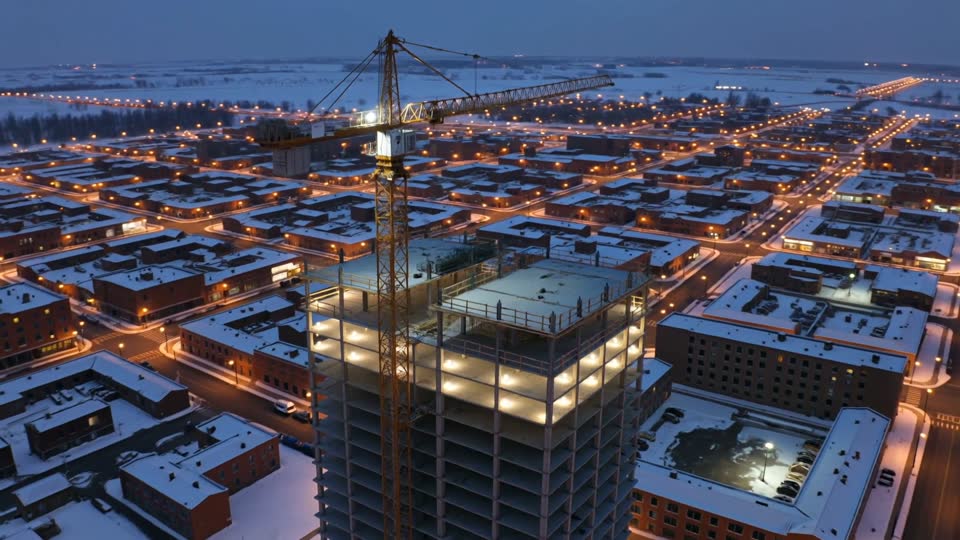 Night aerial of a high-rise under construction with a lit tower crane and work lights on every floor above a snowy city grid