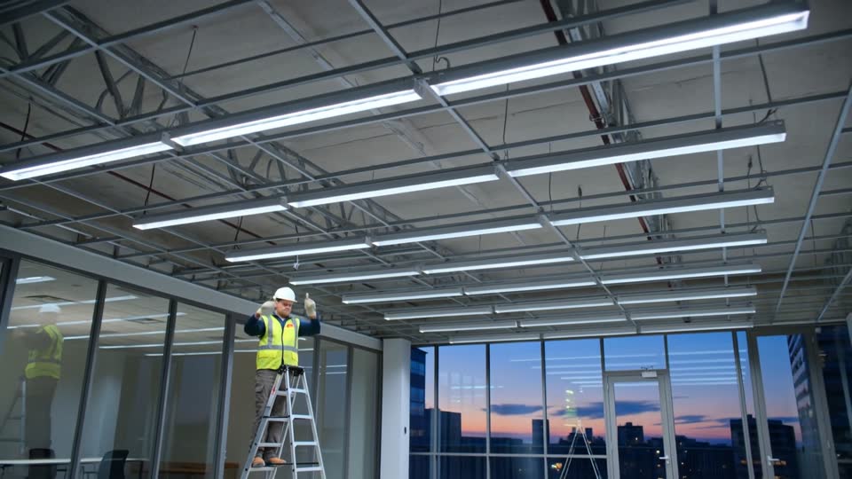 An electrician on a step ladder connecting linear LED fixtures in an open office fit-out, with rows of lights switching on at dusk